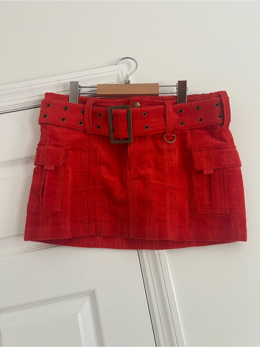 Fire Red Urban Outfitters Corduroy Mini Skirt with Belt